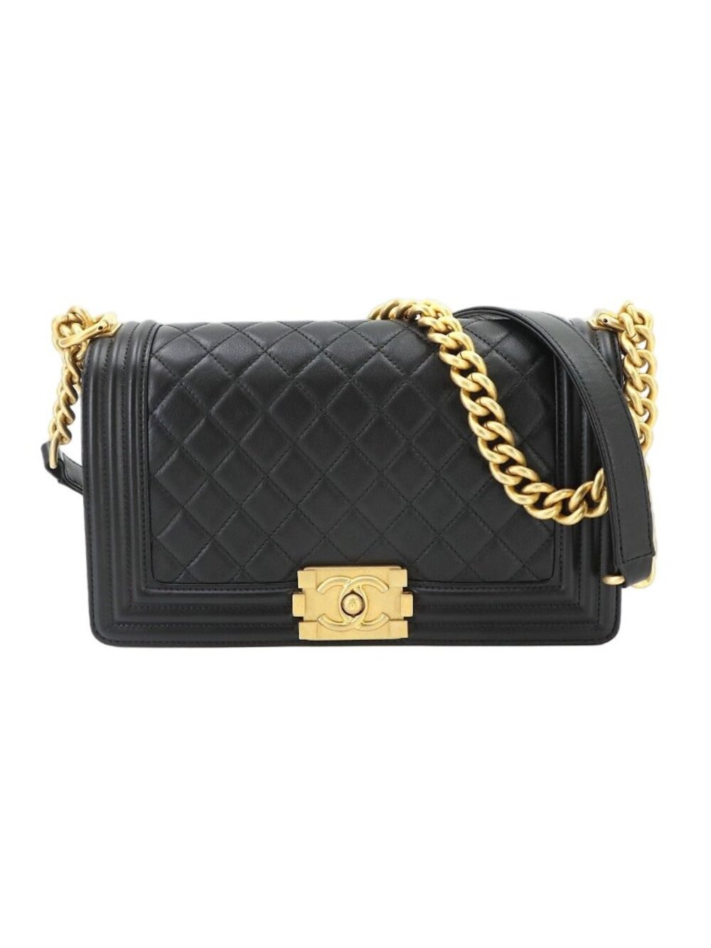 Chanel Boy Chain Shoulder Bag Lambskin Black Gold